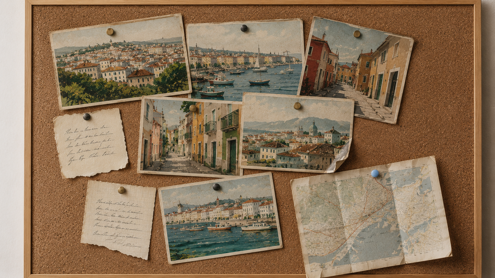 A corkboard with postcards from different cities and a few handwritten notes pinned side by side in daylight