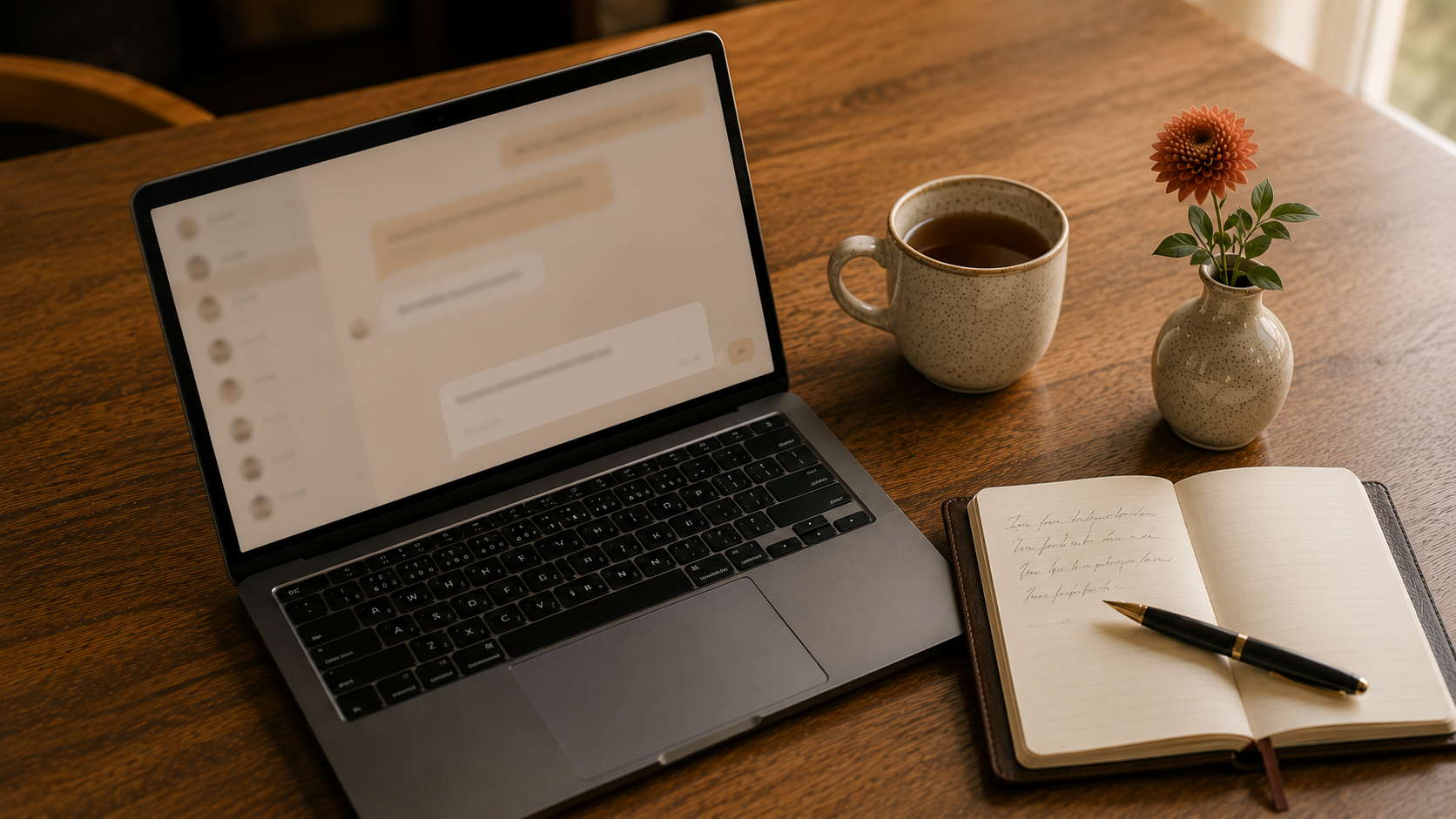 A laptop with a soft abstract chat interface and a notebook with fresh handwritten ideas on a wooden desk in warm light