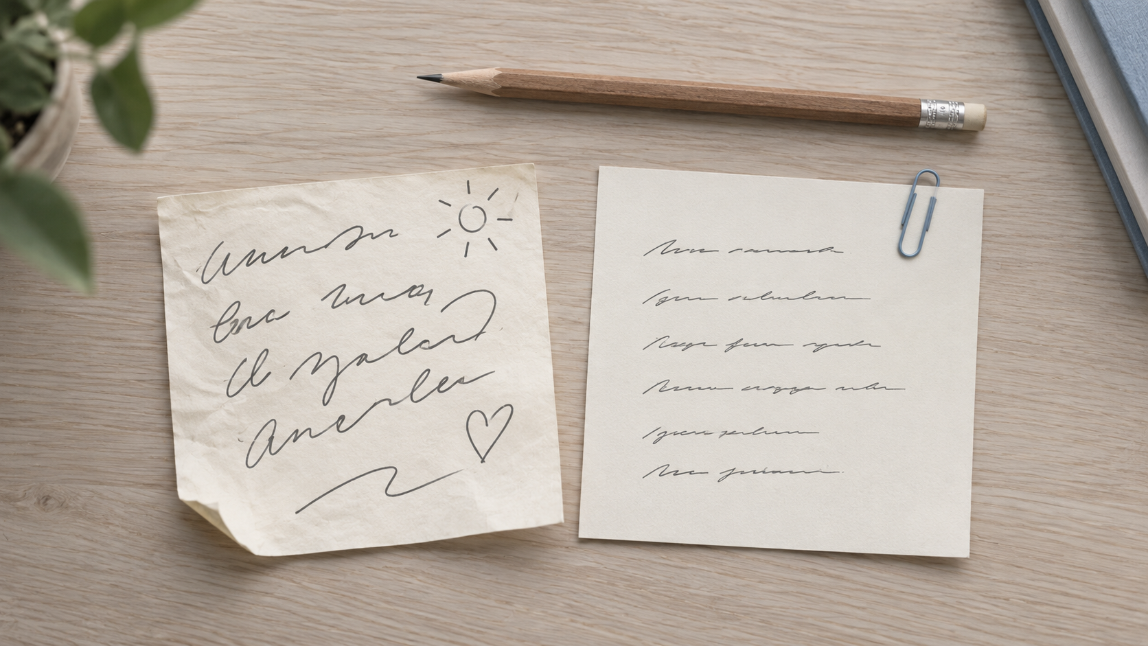 Two handwritten notes side by side on a pale desk, one in loose playful handwriting and one in neat minimal handwriting