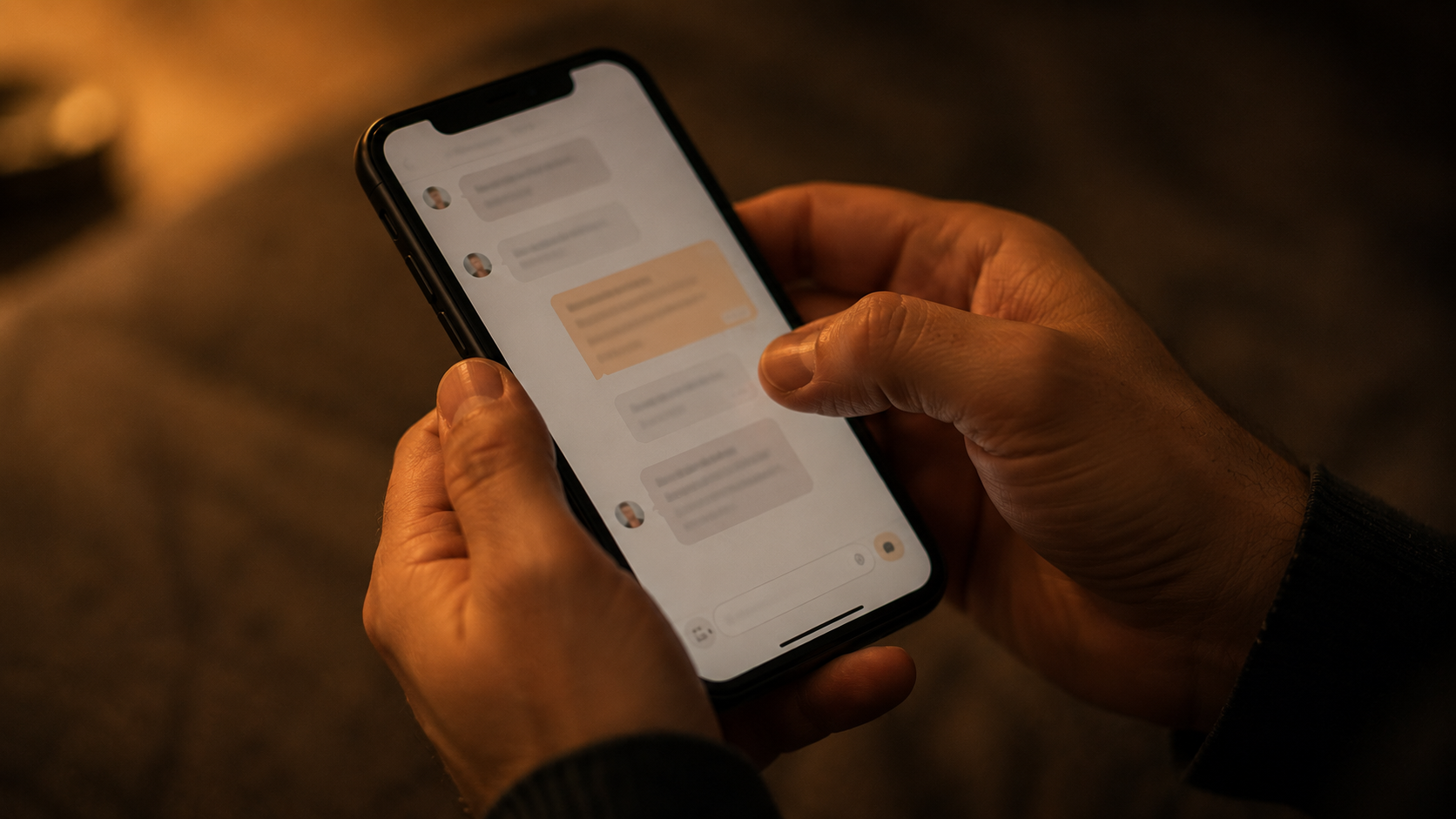 A close view of hands holding a phone in low warm evening light, thumb paused over the screen before replying to a message