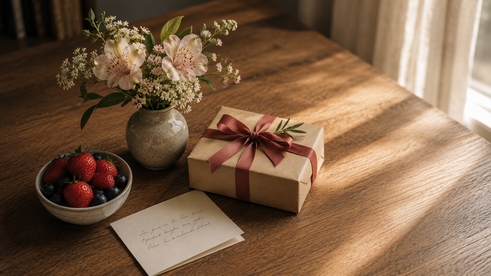 A small cake with fresh berries and a folded note on a wooden desk in warm summer light, ready to be sent as a July 4 gift