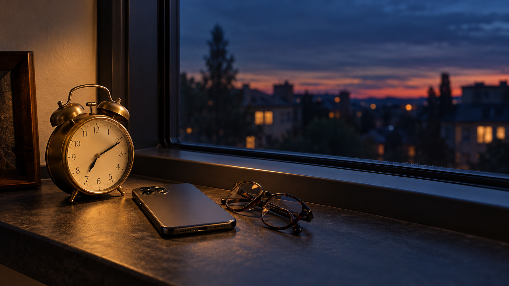 A brass alarm clock and a phone lying face down on a dark windowsill at dusk, warm lamp light against a deep blue evening sky