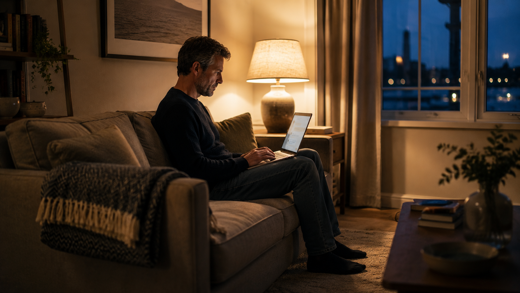 A quiet evening living room with a laptop illuminated by lamp light, showing a man taking his time before replying in international dating
