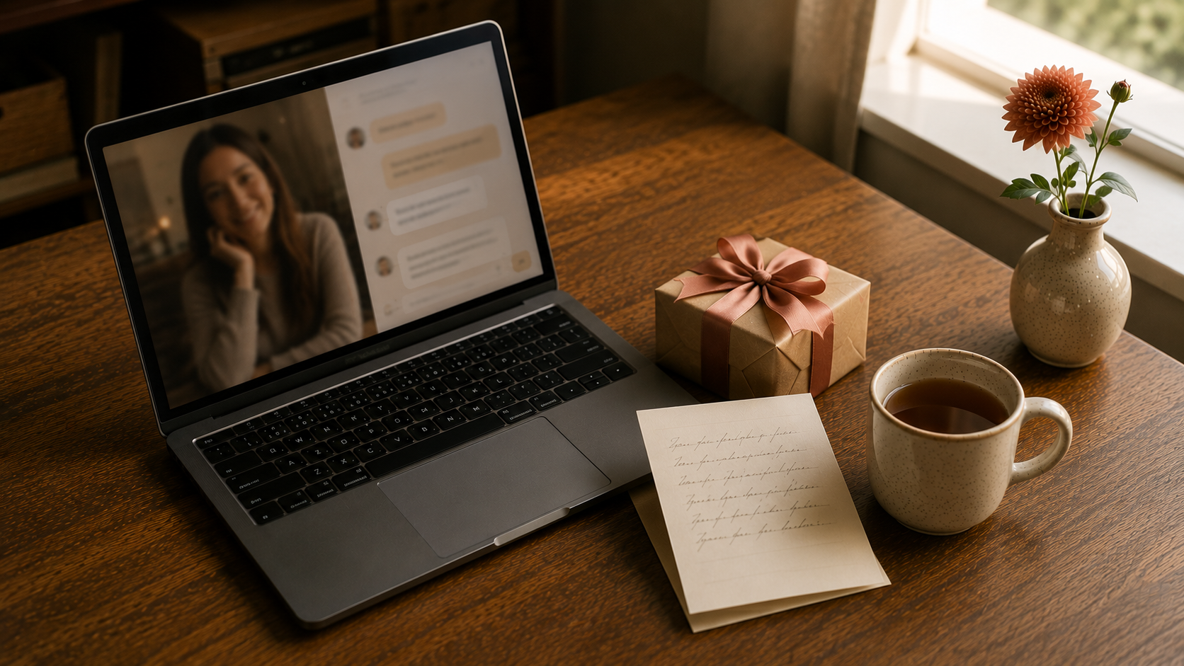 A laptop with a soft video call interface and a small wrapped gift on a wooden desk in warm light, representing closeness across distance