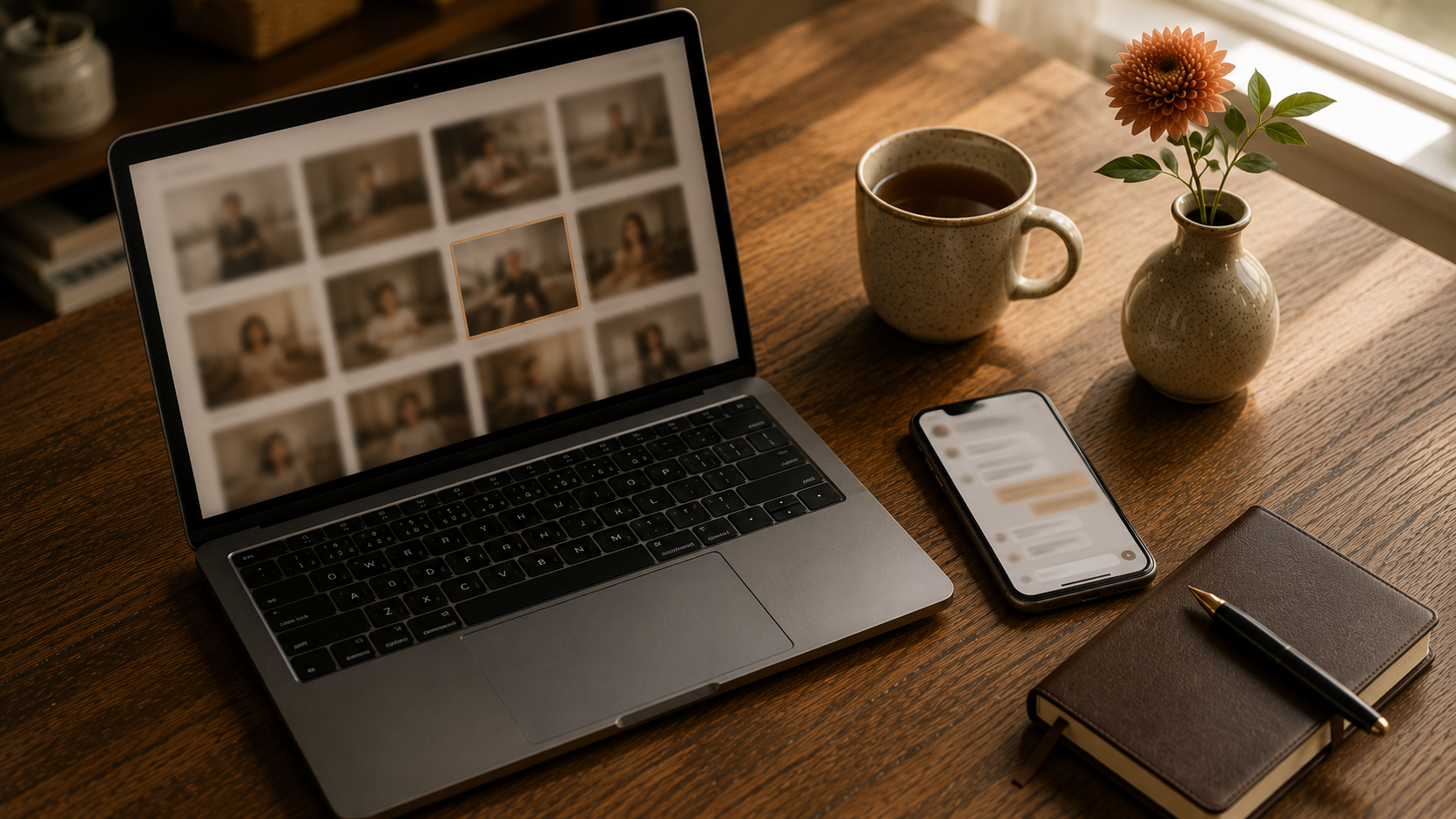 A laptop with a soft photo gallery interface open on a wooden desk in warm afternoon light, ready to share a moment