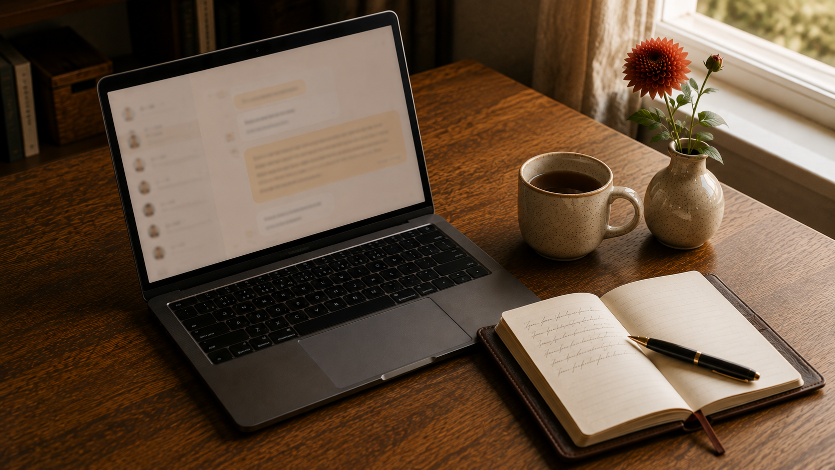 A laptop with an abstract message thread and a notebook on a wooden desk in warm afternoon light