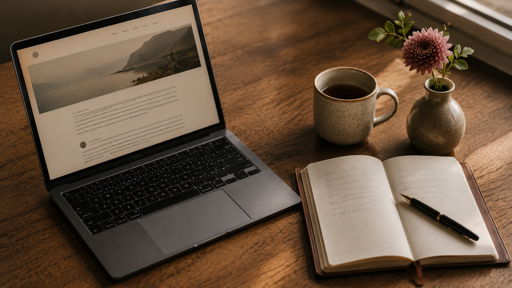 A laptop showing a woman's blog post with a notebook and pen on a wooden desk, ready to compose a thoughtful response