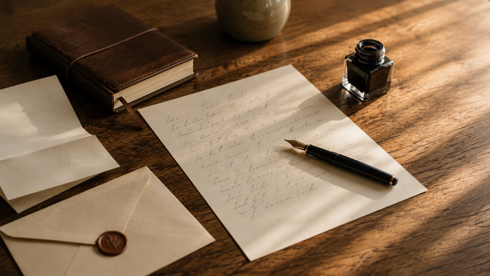 A handwritten letter being composed on a wooden desk with a fountain pen and ink bottle
