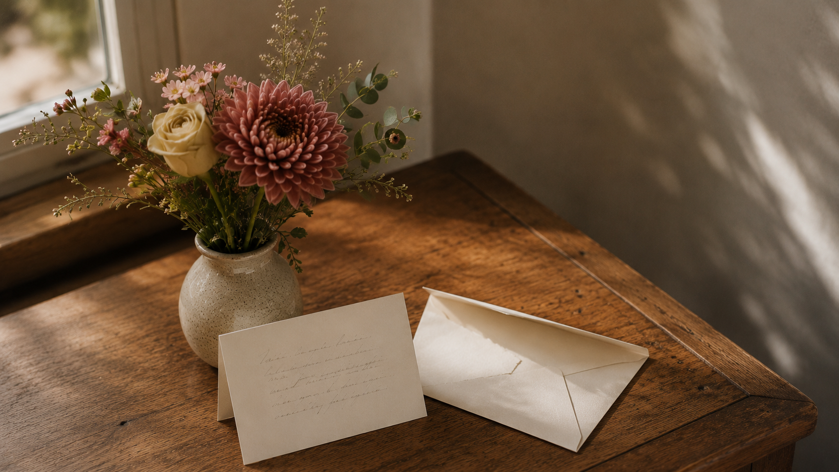 A small bouquet of flowers with a handwritten card on a wooden desk, prepared as a thoughtful gesture