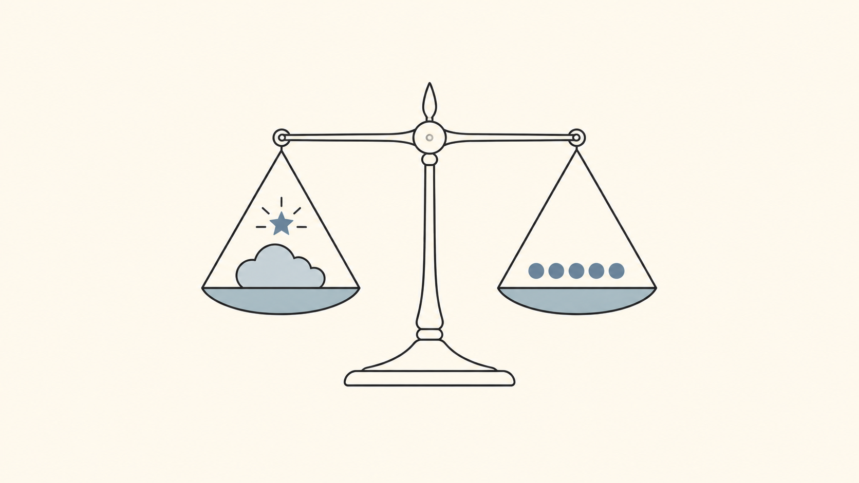 Flat illustration of a balance scale weighing hope, shown as a cloud with a star, against evidence, shown as a steady row of dots