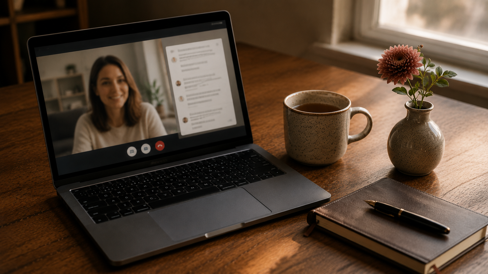 A laptop showing a video call interface on a wooden desk with warm afternoon light, ready for a video chat
