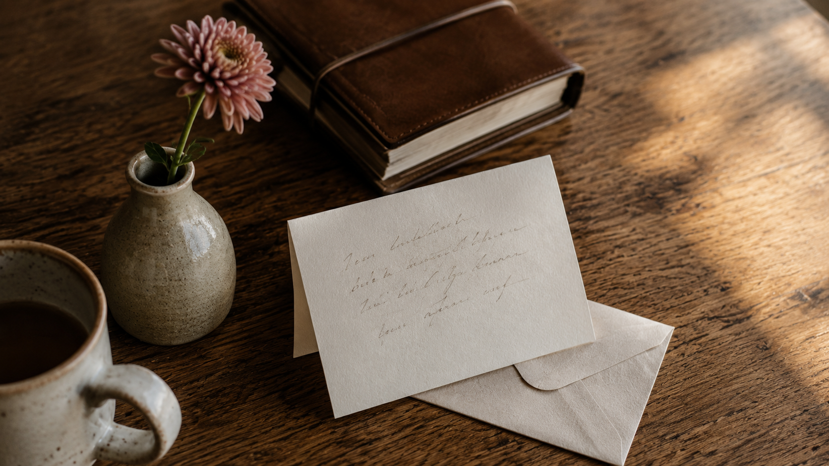 A handwritten note and a small flower on a wooden desk, symbolizing a thoughtful gesture in online dating